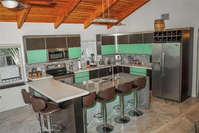 kitchen with tasteful backsplash, sink, wooden ceiling, and stainless steel appliances