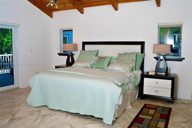 bedroom featuring access to outside and vaulted ceiling with beams