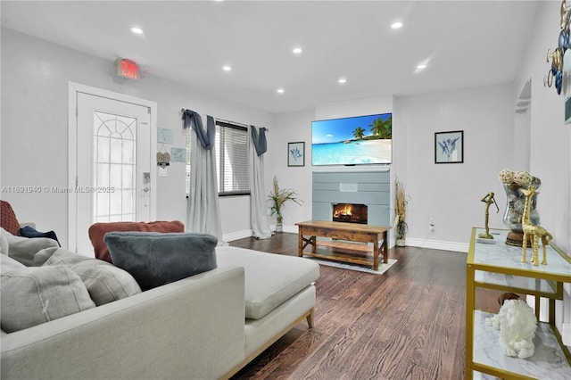 living room with dark hardwood / wood-style floors