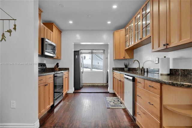 kitchen with dark stone countertops, sink, dark hardwood / wood-style flooring, and appliances with stainless steel finishes