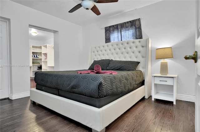 bedroom with a walk in closet, dark wood-type flooring, and ceiling fan