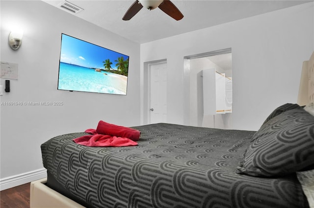 bedroom featuring wood-type flooring and ceiling fan