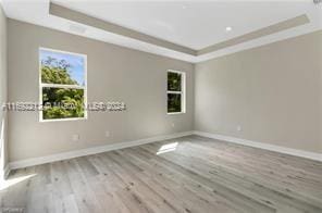 spare room featuring a tray ceiling and light hardwood / wood-style floors