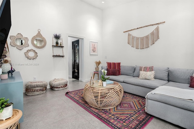 living room with a towering ceiling