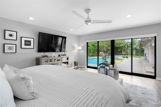 bedroom with ceiling fan, light hardwood / wood-style flooring, and access to outside