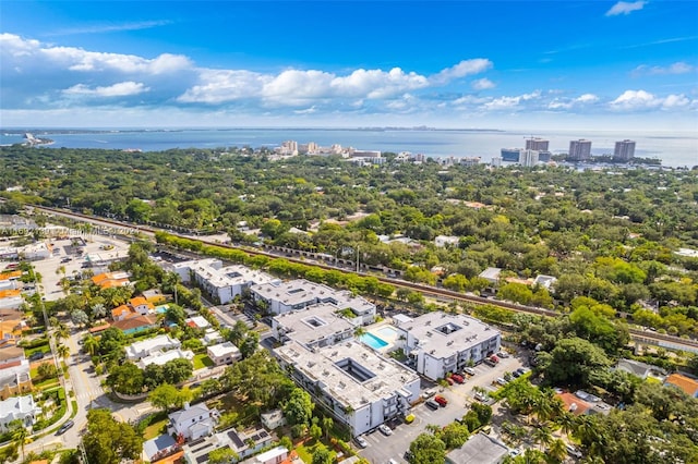 drone / aerial view featuring a water view