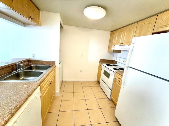 kitchen with white appliances, sink, exhaust hood, light tile patterned floors, and light brown cabinets