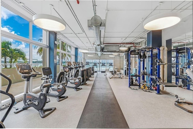 workout area featuring a towering ceiling