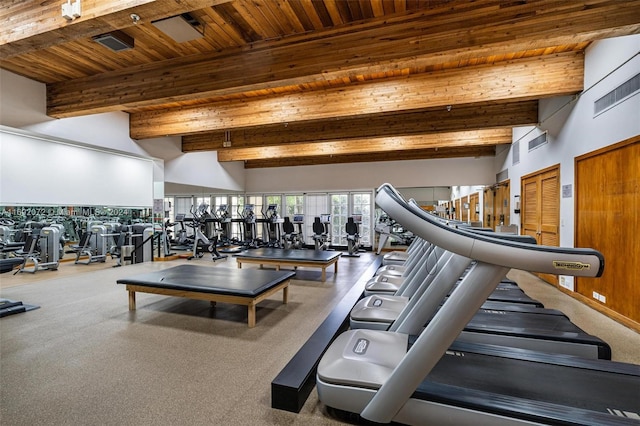 gym featuring wooden ceiling and carpet flooring