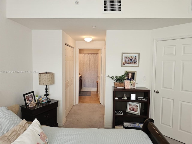 bedroom with light colored carpet, connected bathroom, and a closet