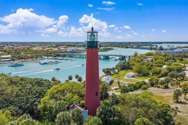 aerial view featuring a water view