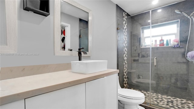 bathroom featuring a shower with door, vanity, and toilet