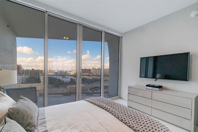 bedroom featuring expansive windows and access to exterior