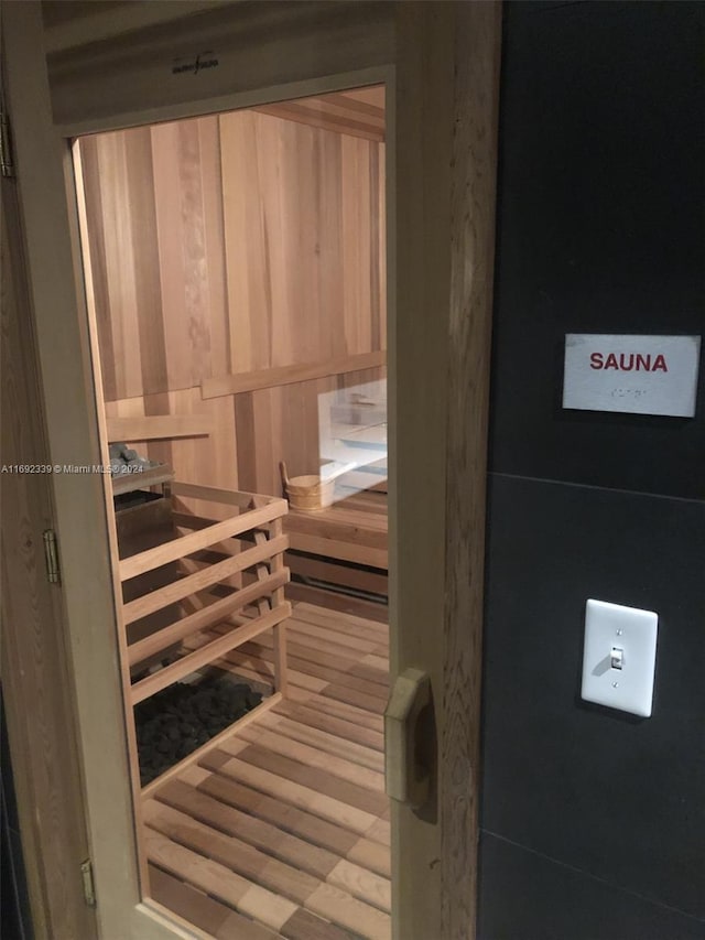 view of sauna with hardwood / wood-style floors