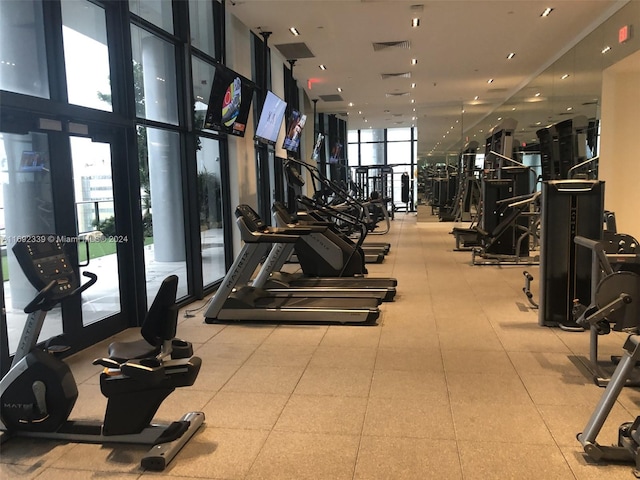 exercise room featuring expansive windows, a wealth of natural light, and a high ceiling