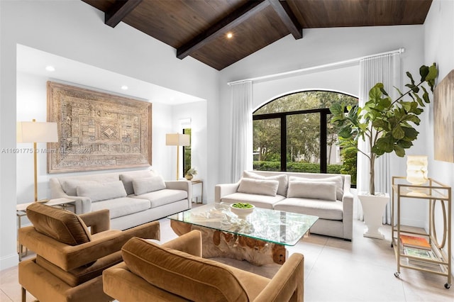 living room with light tile patterned flooring, wood ceiling, high vaulted ceiling, and beam ceiling