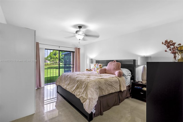 bedroom with ceiling fan and access to exterior