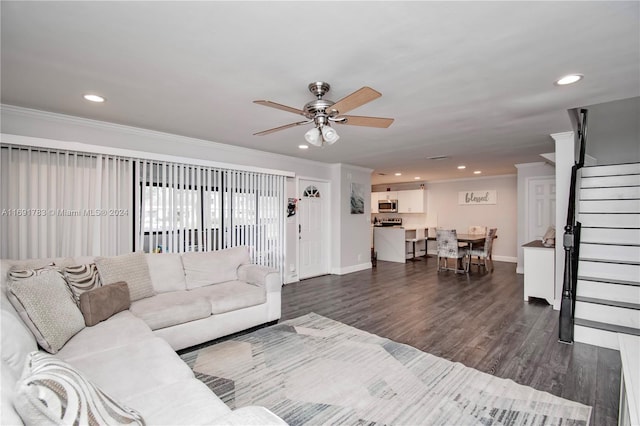 living room with dark hardwood / wood-style floors, ceiling fan, and ornamental molding