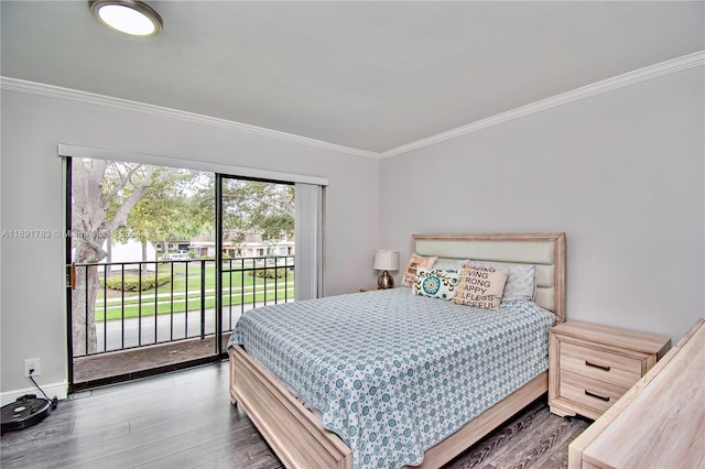 bedroom featuring wood-type flooring, access to outside, and ornamental molding