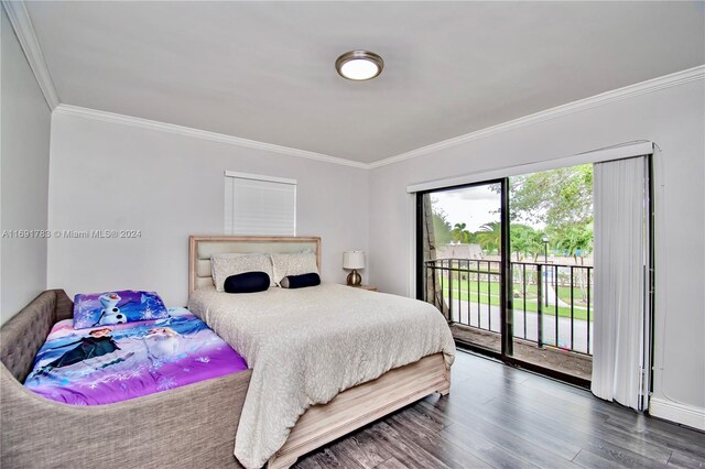 bedroom with access to exterior, ornamental molding, and dark wood-type flooring