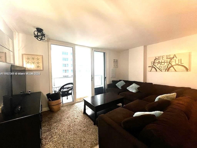 carpeted living room featuring expansive windows