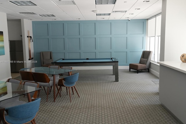 209 N Fort Lauderdale Beach Blvd Unit 7D, Fort Lauderdale, FL 33304 - game room featuring a decorative wall, light carpet, baseboards, a paneled ceiling, and billiards