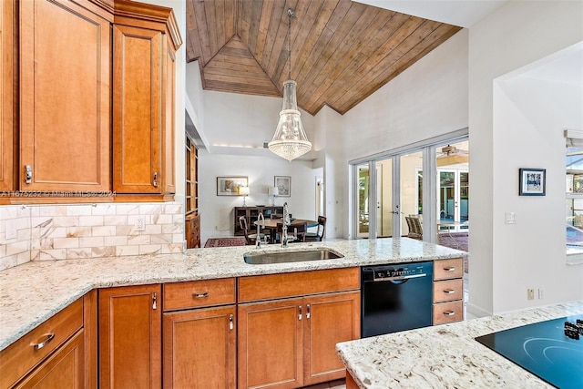 kitchen featuring light stone countertops, french doors, sink, black appliances, and wooden ceiling