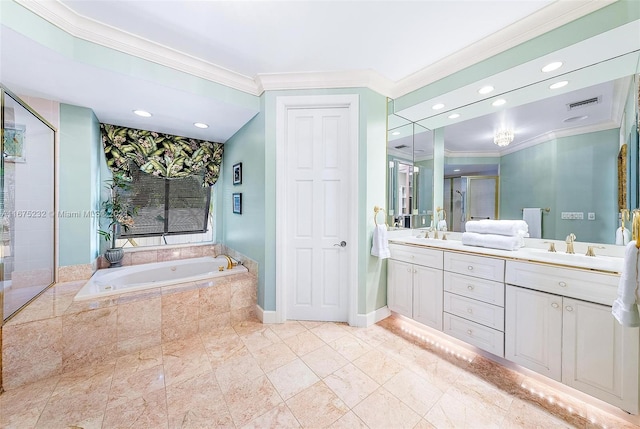 bathroom with vanity, ornamental molding, and plus walk in shower