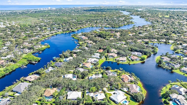 aerial view featuring a water view