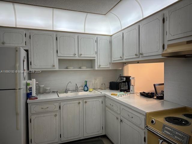 kitchen featuring white cabinetry, sink, and white refrigerator