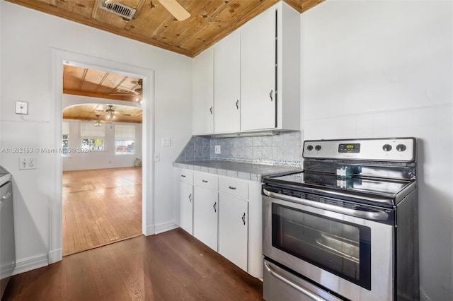 kitchen featuring dark wood-type flooring, stainless steel electric range, wooden ceiling, and white cabinets