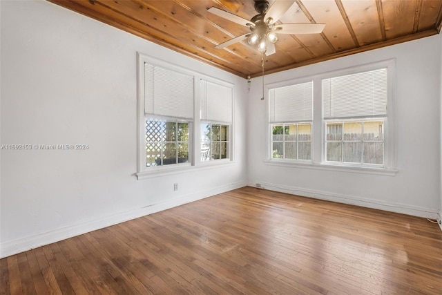 unfurnished room with hardwood / wood-style flooring, ceiling fan, and wooden ceiling