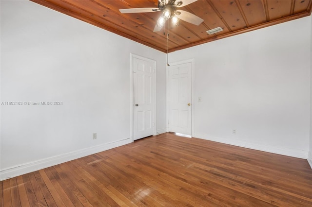 empty room with ceiling fan, wood-type flooring, wood ceiling, and ornamental molding