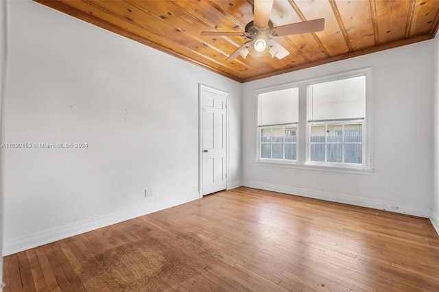 empty room featuring ceiling fan, wood ceiling, and light wood-type flooring