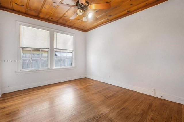 spare room featuring wooden ceiling, light hardwood / wood-style floors, and ceiling fan