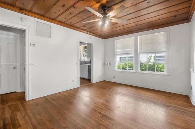 unfurnished bedroom featuring ensuite bathroom, hardwood / wood-style floors, ceiling fan, and wooden ceiling