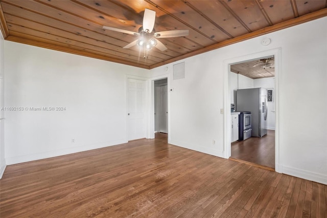 spare room with wooden ceiling, dark hardwood / wood-style floors, and ceiling fan