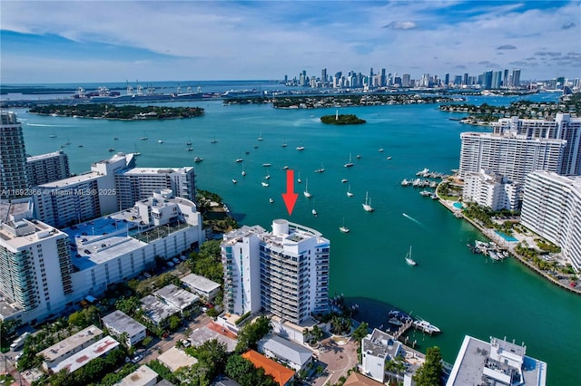 aerial view with a view of city and a water view