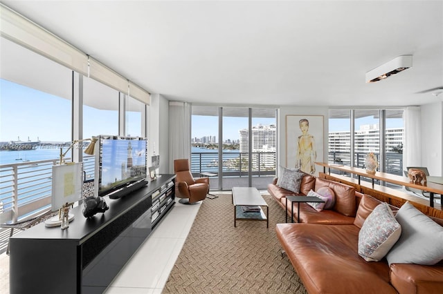 living room featuring light tile patterned floors and a wall of windows