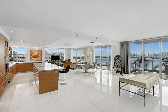 kitchen featuring open floor plan, light tile patterned flooring, brown cabinets, and a wall of windows