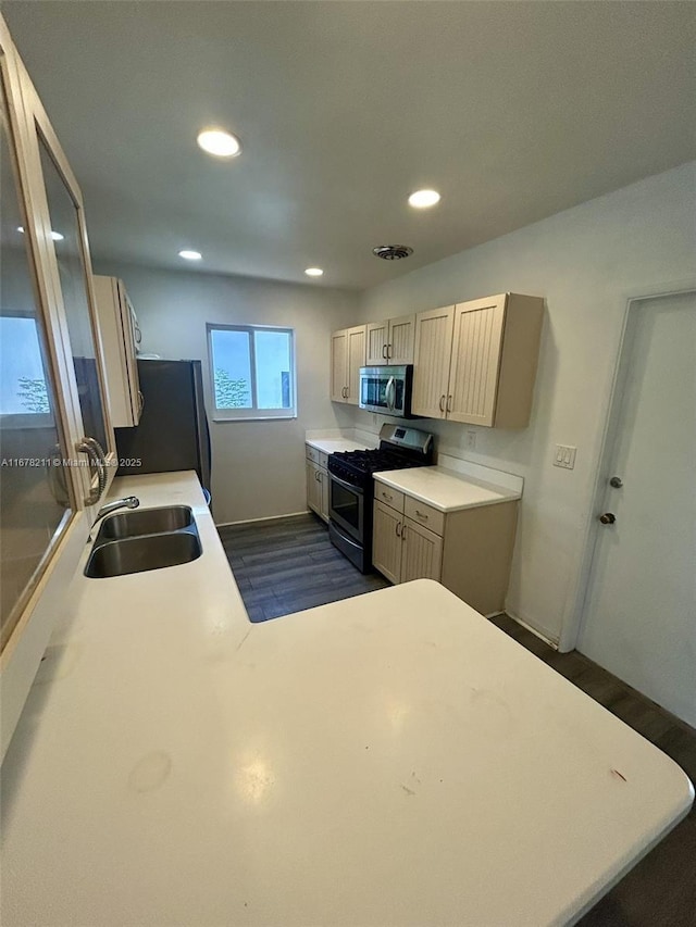 kitchen with dark wood finished floors, light countertops, a sink, and stainless steel appliances