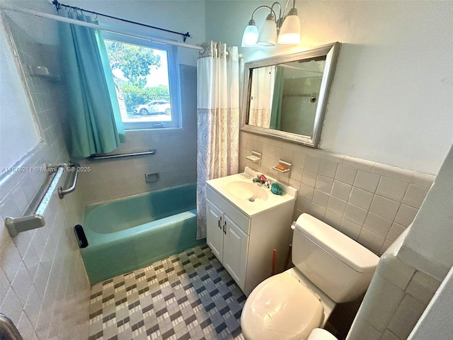 bathroom with toilet, vanity, tile walls, and shower / tub combo with curtain