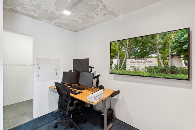 carpeted home office with track lighting