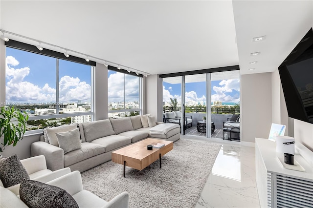 living room with expansive windows, a wealth of natural light, and rail lighting