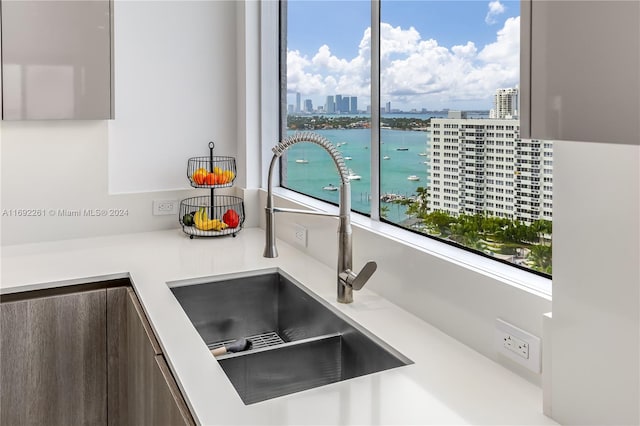 kitchen featuring a water view and sink