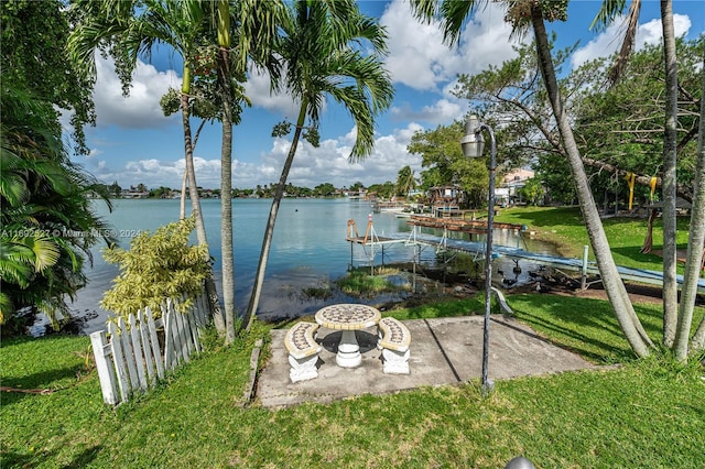 view of dock featuring a water view and a lawn