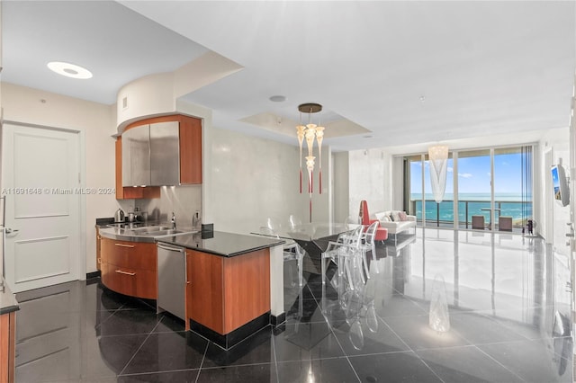 kitchen with dishwasher, dark tile patterned flooring, a water view, a tray ceiling, and decorative light fixtures