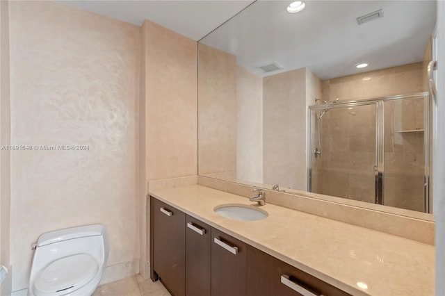 bathroom with walk in shower, tile patterned flooring, vanity, and toilet