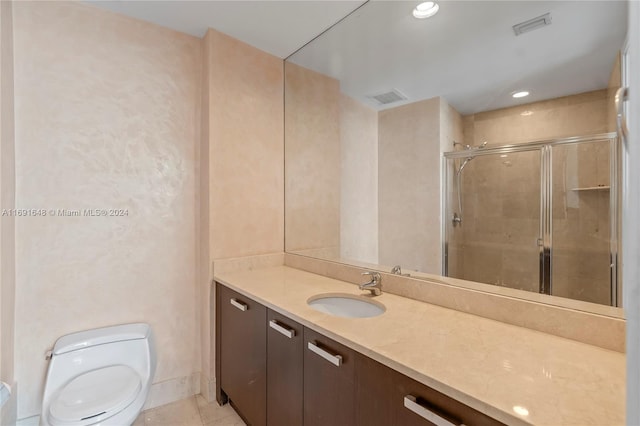 18101 Collins Ave Unit 1502, Sunny Isles Beach, FL 33160 - full bath featuring a stall shower, vanity, toilet, recessed lighting, and tile patterned floors