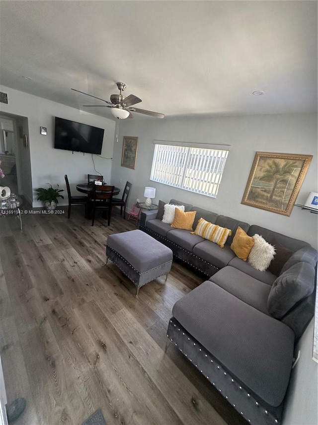 living room with ceiling fan and hardwood / wood-style flooring